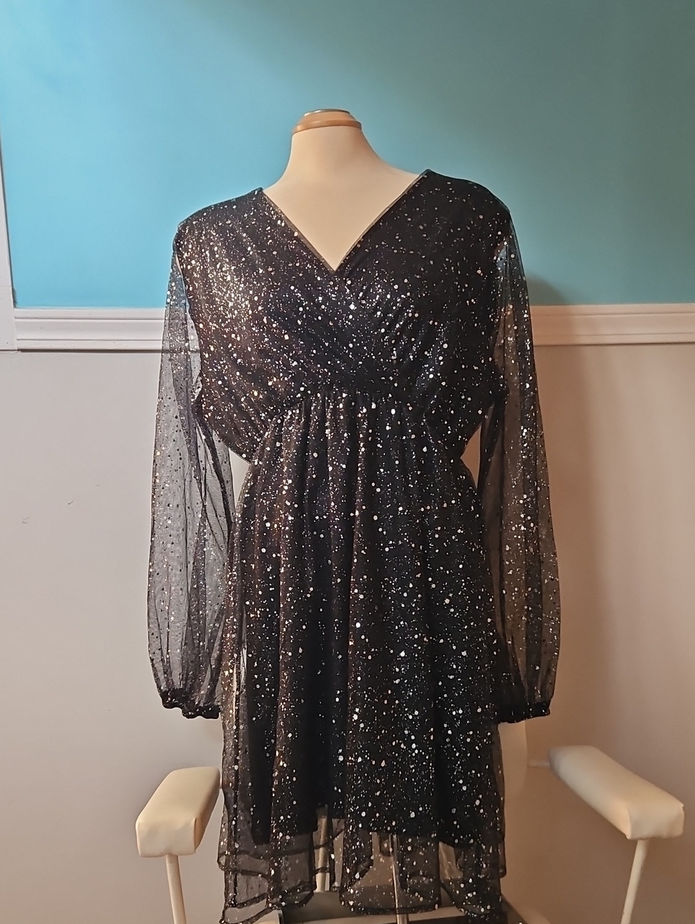 Black Sparkle V-Neck Long Sleeve Dress XXL Plus Size